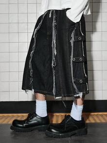 ROMWE MEN Street Life 男士解構毛邊口袋休閒牛仔短褲 - 黑色 - 查看 4