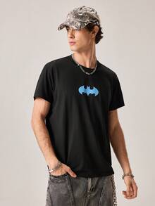 Strevion Men's Minimalist Batman Logo Print Round Neck Short Sleeve T-Shirt, Summer - Black - View 5
