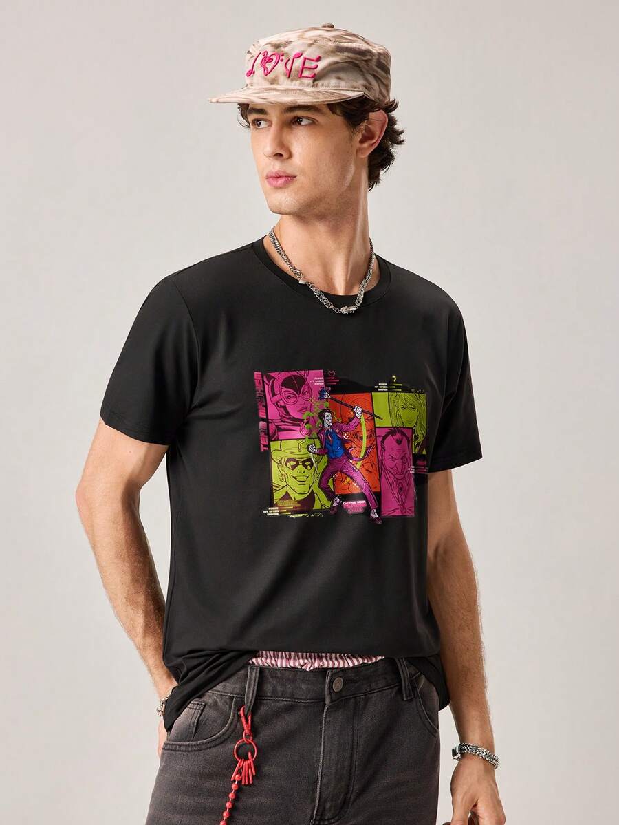 Strevion Men's Minimalist Batman & Joker Graphic Print Round Neck Short Sleeve T-Shirt, Summer - Black - View 1