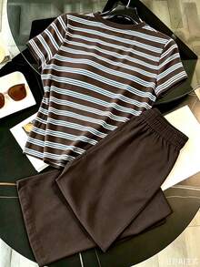 Resyla Women's Round Neck Striped Short Sleeve Top And Long Pants Casual Daily 2 Pieces Set - Multicolor - View 2