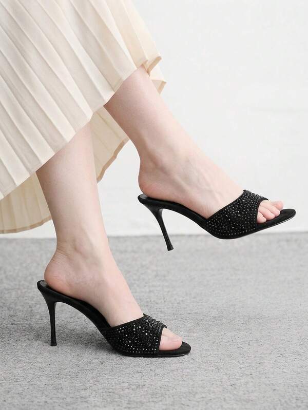 CUCCOO BIZCHIC 2026 Nuevas Pantuflas Estilo Hada con Strass Negro Sexy para Mujer, Exquisitas de Moda de Verano con Tacones Altos
