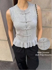 BizChic 淺灰色女款針織上衣，新中式盤扣設計，喇叭下擺，適合萬聖節、開學季、教堂，優雅復古風，秋季特別場合、生日、婚禮賓客、派對、約會、度假，法式休閒極簡風 - 灰色 - 查看 4