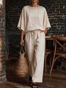 SHEIN LUNE Elegant Vacation Casual Lace Trim Loose Apricot Autumn Women's 2 Pieces Set - Apricot - View 1