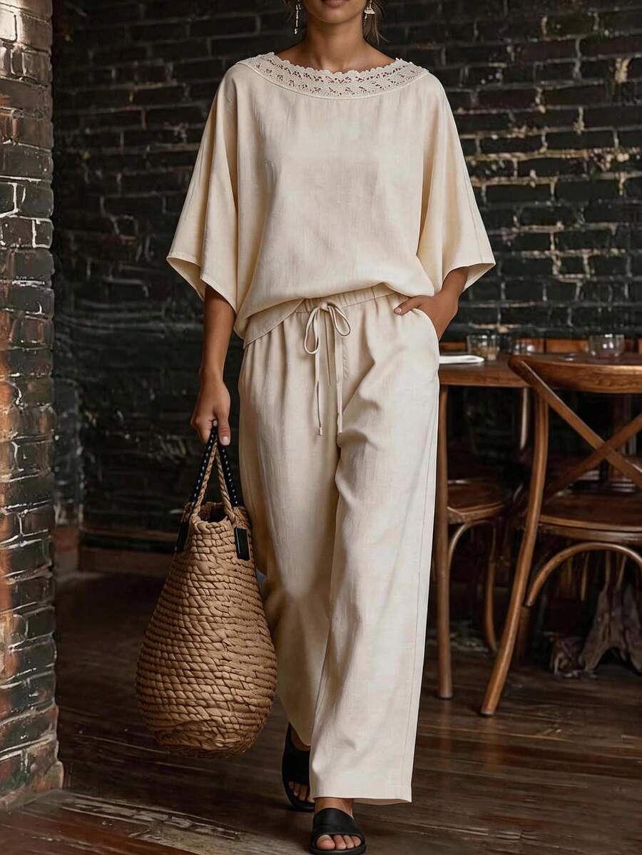 SHEIN LUNE Elegant Vacation Casual Lace Trim Loose Apricot Autumn Women's 2 Pieces Set - Apricot - View 1