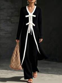 SHEIN Women's Bow Decor Long Sleeve Long Knit Sweater And Knit Pants Casual 2 Pieces Set - Black and White - View 4