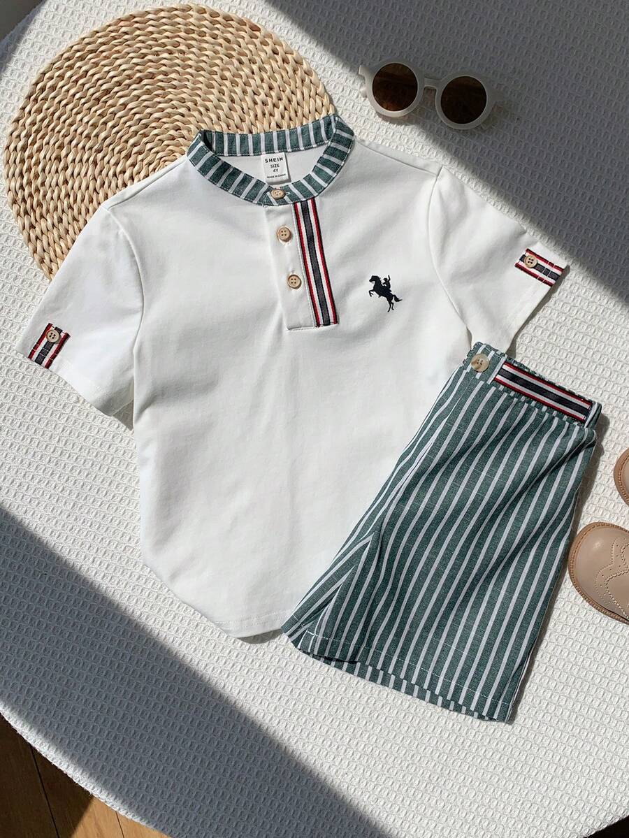 SHEIN 兒童小男孩/小女孩 2件組 春夏休閒學院風短袖POLO衫與條紋短褲套裝 - 綠色 - 查看 1
