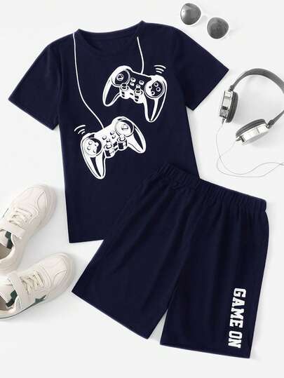 SHEIN Tween Boy Casual Minimalist Classic Cool Game Console Graphic Print Short Sleeve Crew Neck T-Shirt And Shorts 2-Piece Set, Blue, Suitable For Summer, Outdoor Play, School, Streetwear, Vacation And Home Leisure