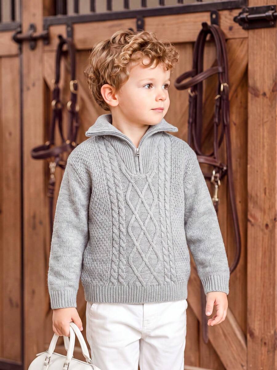 PrepCrw Suéter de media cremallera de manga larga y cuello para niño, con corte holgado - Gris Claro - Ver 1