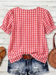 Linhara 大尺碼泡泡皺褶格紋女款襯衫上衣 春夏新款 方領泡泡袖短袖 休閒寬鬆 度假日常穿著 - 紅色 - 查看 2