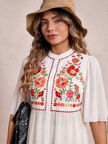 Freevana Women's Plus Size Pattern Print Short Sleeve Casual Shirt - White - View 4