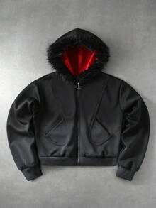 ROMWE MEN Street Life Men's Gradient Vintage Colorblock Patchwork Structured Fur Collar Hooded Sweatshirt - Black - View 7