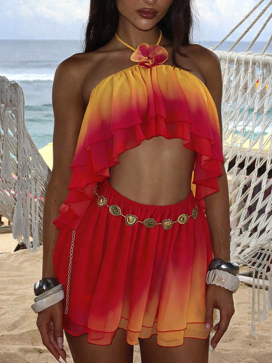 Soleia Women's Casual Boho Vacation Sunset Gradient Print Mini Dress, Beach, Cruise, Road Trip, City, Holiday, Date, Afternoon Tea, Bohemian, Red Orange - Burnt Orange - View 1