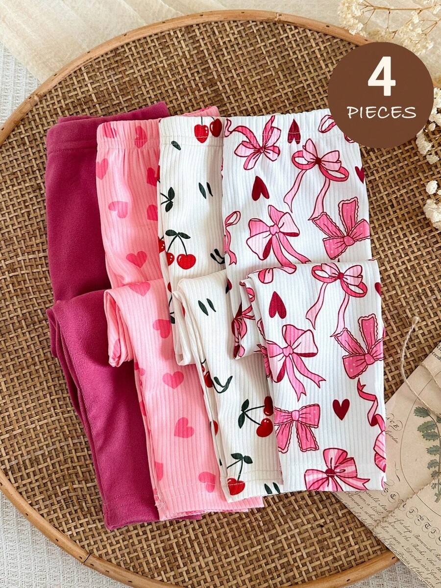 SHEIN 女嬰彈性腰休閒日常外出長褲 4件/套 - 彩色 - 查看 1