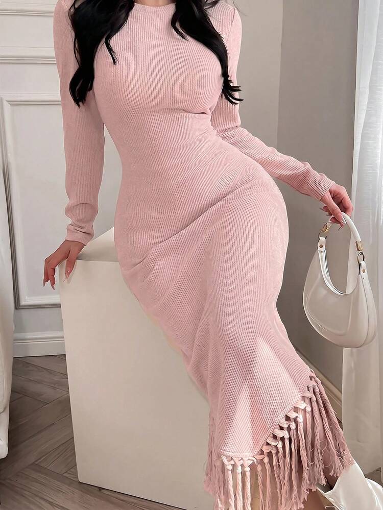 Feyla 1pc Women Solid Round Neck Long Sleeve Fitted Fringed Hem Dress, Minimalist Design Long Evening Dresses - Pink - View 2
