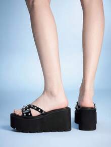 Sugerpunk Women's Fashion, Sexy And Comfortable Thick-Soled Wedge Sandals, Punk Style, Gothic Street Style, Rivets Inlaid With Slip-On Muffin Thick-Soled - Black - View 6