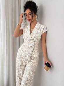 Elenzga Women's Apricot Print V-Neck Design Top + Elastic Waist Wide Leg Long Pants Set, High-End Elegant Elegant, Birthday Gift, Date, Party, Valentine's Day, Carnival, Music Festival, Cocktail Party, High Aura Outfit, Travel, Vacation, Street Photography, Atmospheric Outfit, Summer Clothing, Summer Top, Summer Long Pants, Summer New Essential, Fashion Versatile, Women's Elegant Niche Design Two Pieces Set - Apricot - View 5