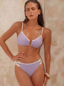 Sunnyshic Women's Summer Beach Knit Jacquard Fabric Shell Flower Scalloped Edge Spaghetti Strap Bikini Top Side Hollow Cross Rope Swim Bottom White Sexy - Purple - View 3