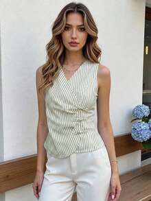 EastFlair Women's Green And White Striped Pleated Casual French Elegant Classy Versatile Daily Wear Top Tea Party Brunch Day Party Summer - Green - View 4