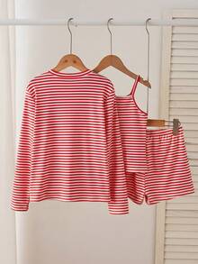 Set 3 potong Cardigan Bergaris Merah dan Celana Pendek Longgar untuk Anak Perempuan Besar Kembali ke Sekolah - Merah - View 7