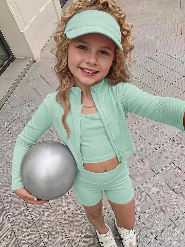 SHEIN Young Girl Solid Color Long Sleeve Zip-Up Jacket Vest With Shorts Sports Set - Green - View 11