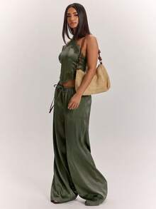 SHEIN BAE 女款純色對比蕾絲掛脖上衣與長褲優雅套裝 - 軍綠色 - 查看 5