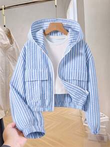 Jaket Pendek Berkerudung Lengan Panjang Motif Garis Vertikal Biru Putih Segar untuk Anak Perempuan Remaja, Potongan Longgar, Musim Gugur, Kembali ke Sekolah, Kasual Lucu Gaya Preppy, Crop Top, Pelajar - Biru - View 8