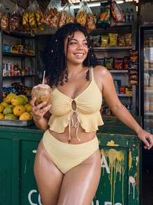 Swim Vcay 2026 New Summer Sweet Design Polka Dot Ruffle Casual Vacation Women Plus Size Swimwear Set - Yellow - View 1