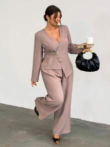 Firerie Plus Size Women's Elegant Metal Button Design Long Sleeve Shirt And Pants Set - Khaki - View 4