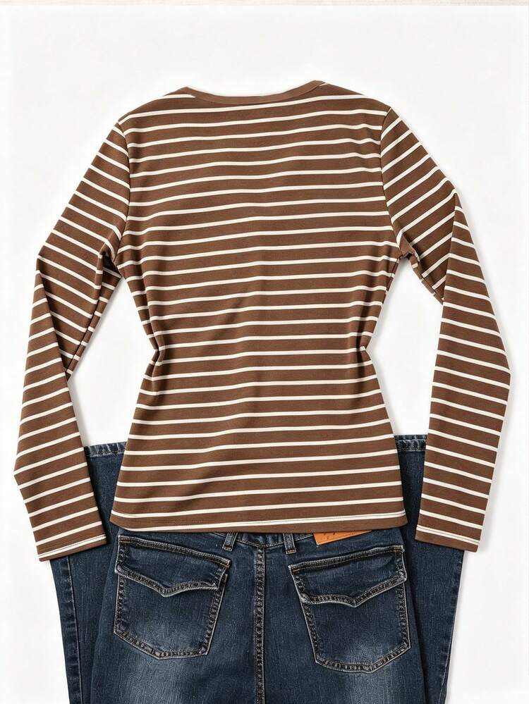 IslaSuriya Women's Fashion Casual Striped Long Sleeve T-Shirt - Coffee Brown - View 2