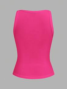 Slaydiva 2026 Primavera/Verano Nueva Llegada Casual Básico Versátil Blanco Sólido Acanalado Cuello en V Espalda de Corredor Fruncido - Rosa Fucsia - Ver 2