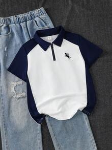 SHEIN 青少年男孩休閒學院風針織短袖 Polo 衫，黑色 Polo、白色 Polo，夏季上衣，適合春夏、外出、夏季穿搭、家庭聚會、返校季、婚禮季、運動、生日派對 - 彩色 - 查看 4
