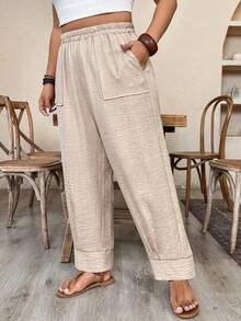 Breezaya Pantalones informales de aspecto de lino de unicolor para tallas grandes - Caqui - Ver 6