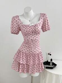 Elamini Women's Polka Dot Print Bow Decor Short Petal Sleeve Ruched Dress - Pink - View 8