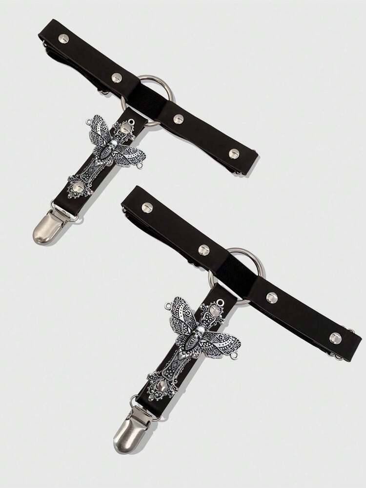 ROMWE 2pcs Women Gothic Style Garter Belts With Hollow Cross Decor, Leg Socks Garters For Daily Wear With Dress & Skirt, Halloween - Black - View 3