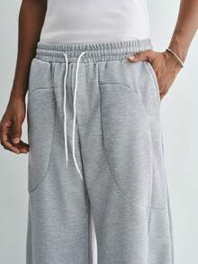 Sonviro Men's Casual Sports Solid Color Slant Pocket Drawstring Waist Sweatpants Baggy Oversized Men Grey Wide Leg - Grey - View 6