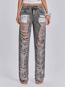 ACID BLVD Jeans Skinny de Cintura Ultra Baja con Estilo Callejero Y2K Hot Girl, Rasgados, Desgastados y Lavados para Primavera/Verano - Negro - Ver 8