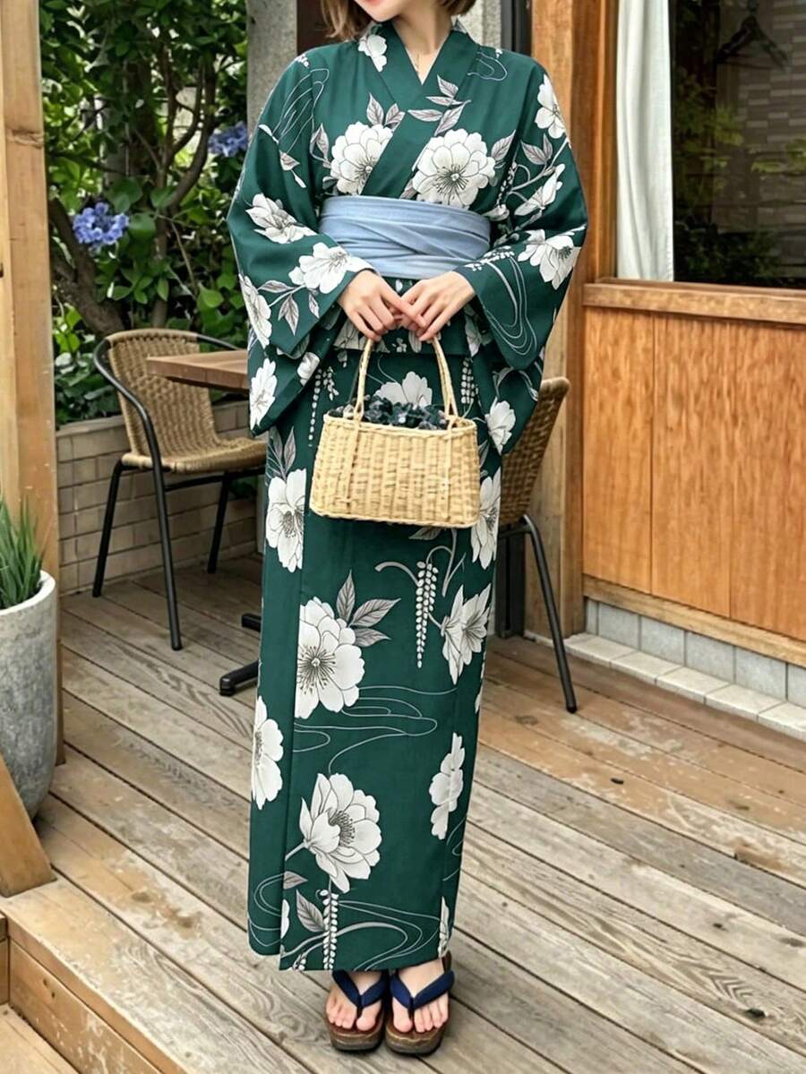 Irokai 日式傳統夏季女款兩件式浴衣和服,花卉印花(不含腰帶) - 綠色 - 查看 1
