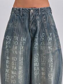 ACID BLVD Colossus Jeans 休閒街頭風復古水洗褪色字母紋理寬鬆牛仔長褲，適合夏季、秋季、冬季 - 深色水洗藍 - 查看 9