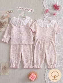 SHEIN Baby Girls Fall Autumn/Winter Pajamas-2 Pieces Floral Ruffle Collar Pajama Set Pink Pastel Long Sleeve Round Neck Button Front Pants Two Pieces Cozy - Purple - View 9