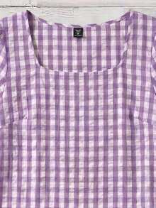 Linhara Plus Size Bubble Wrinkle Plaid Pattern Spring Summer Square Neck Puff Sleeve Casual 1920s Vacation Blouse Shirt For Women Date Night Purple - Purple - View 3