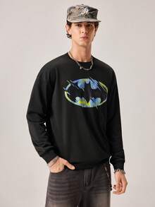 Strevion Men's Casual Batman Logo Print Crew Neck Long Sleeve Sweatshirt, Spring/Autumn - Black - View 5