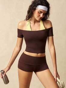 VARSIVA Colorblock Patchwork Off-Shoulder Halter Neck Sports T-Shirt - Multicolor - View 6