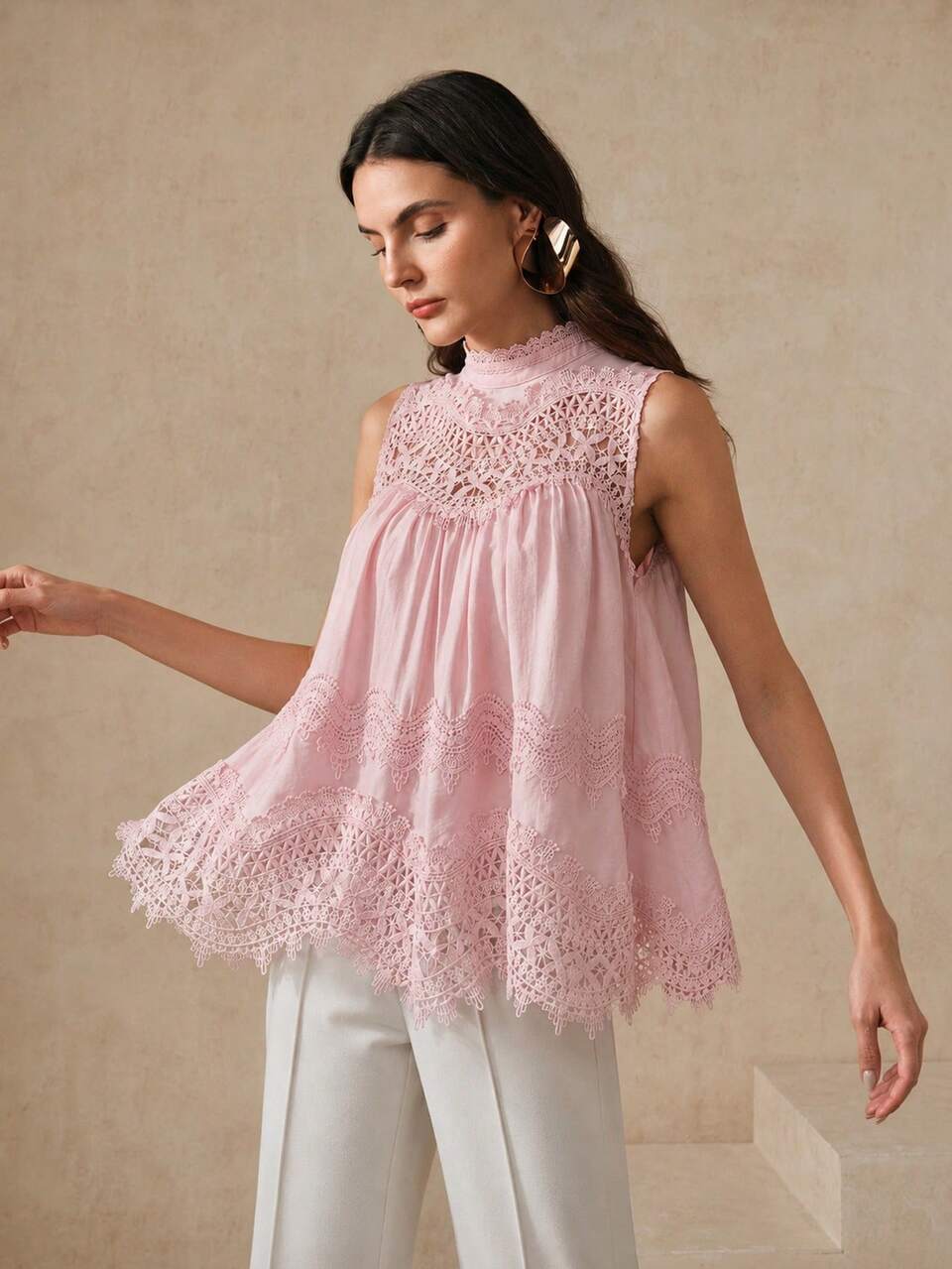 Anewsta Summer New Fashion Elegant Hollow Asymmetrical Lace Patchwork Small Stand Collar Sleeveless Top