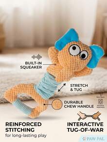 PETSIN Orange Elephant Plush Dog Toy With Tug Handle & Squeaker, Interactive Pet Chew Toy For Small Dogs & Cats, Funny Crinkle Puppy Toy For Indoor Play, Teeth Cleaning & Boredom Relief - Orange handle elephant - View 5