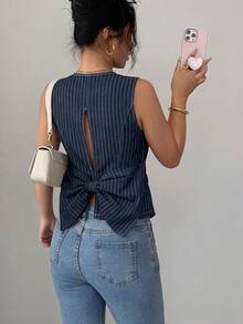 SHEIN Privé Áo vest denim nữ kẻ sọc cài nút đơn phong cách thường ngày - Màu xanh lam - Xem 2