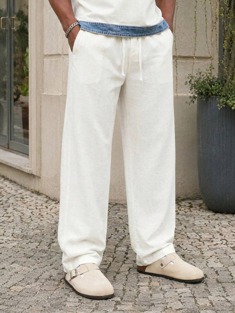 Manfinity EZcore Plus Size Men's Casual Solid Color Drawstring Waist Pocket Sweatpants, Holiday - Beige - View 1