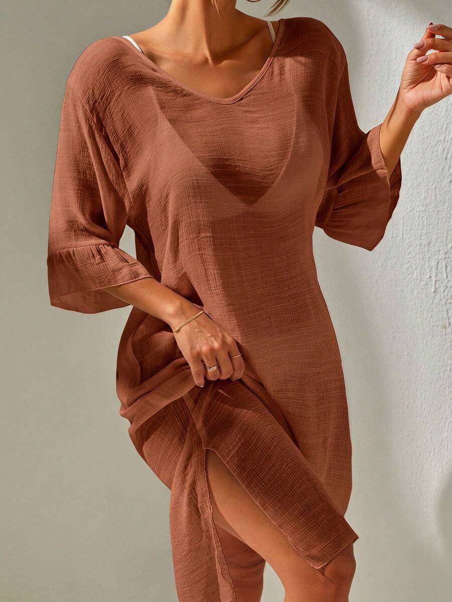 Swim Basics Robe de plage à volants de couleur unie - Taupe - Voir 1