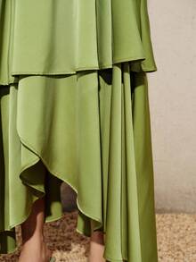 BELROSIE Elegant Sophisticated Solid Color Satin Sleeveless Ruffle Hem Layered Tiered Dress For Women - Green - View 5