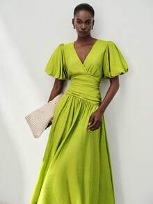 Aveloria Modichic Minimalist Design Ruched Waist Cross Neckline Petal Sleeve A-Line Long Dress For Women - Green - View 6