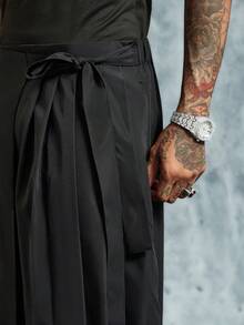 INCRYTM Men's Tie Waist Wrap Side Pants Stacked Long Drawstring Drop Crotch Plain Black Going Out, For Fall - Black - View 4